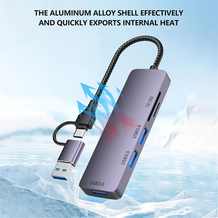 T235 Multi-Port Hub USB+Type-C 3.0 Adapter to 3xUSB 3.0+2xCard Reader Slots - 3