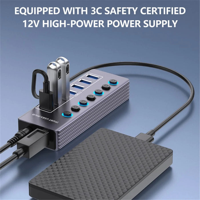 U307 High Speed USB 3.0 Hub 5Gbps Data Transfer Aluminum Alloy 7-Port Splitter - 2