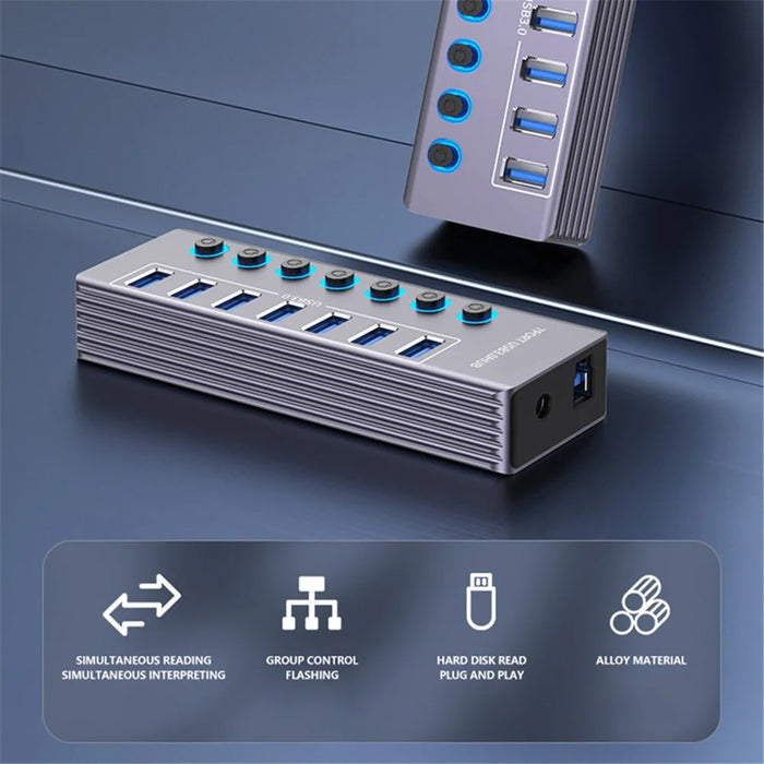 U307 High Speed USB 3.0 Hub 5Gbps Data Transfer Aluminum Alloy 7-Port Splitter - 5