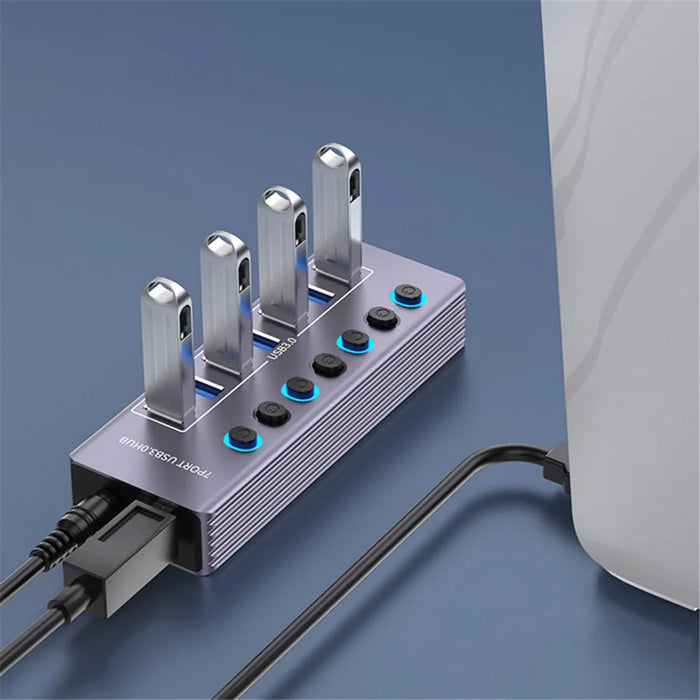 U307 High Speed USB 3.0 Hub 5Gbps Data Transfer Aluminum Alloy 7-Port Splitter - 7