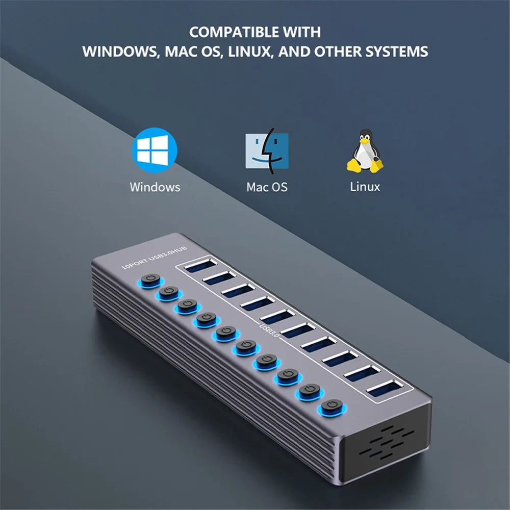 U310 10-In-1 USB 3.0 Extension Hub Expander USB Power Charging Station with Individual Switch+Light - 4