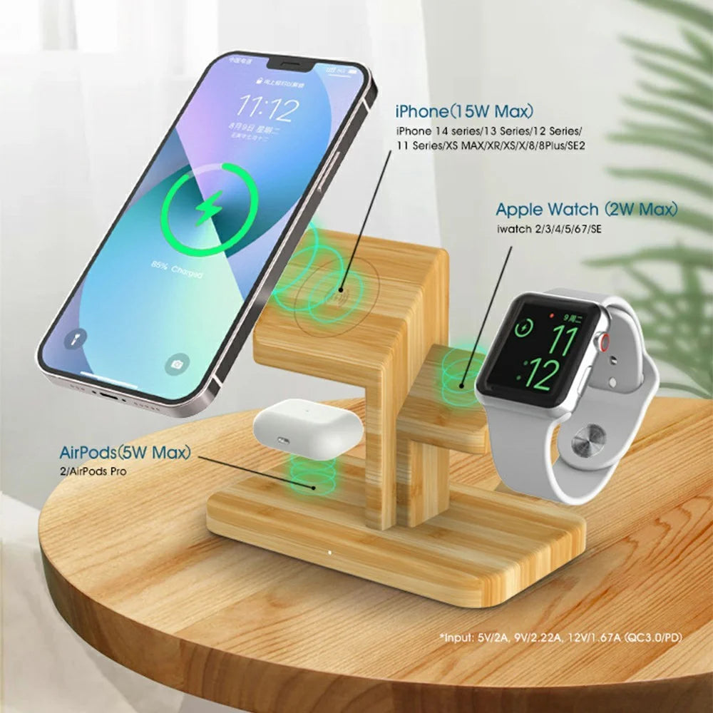RX-2201 3 in 1 Magnetic Wireless Charger for Apple Watch  /  iPhone  /  AirPods Bamboo Charging Station - 2