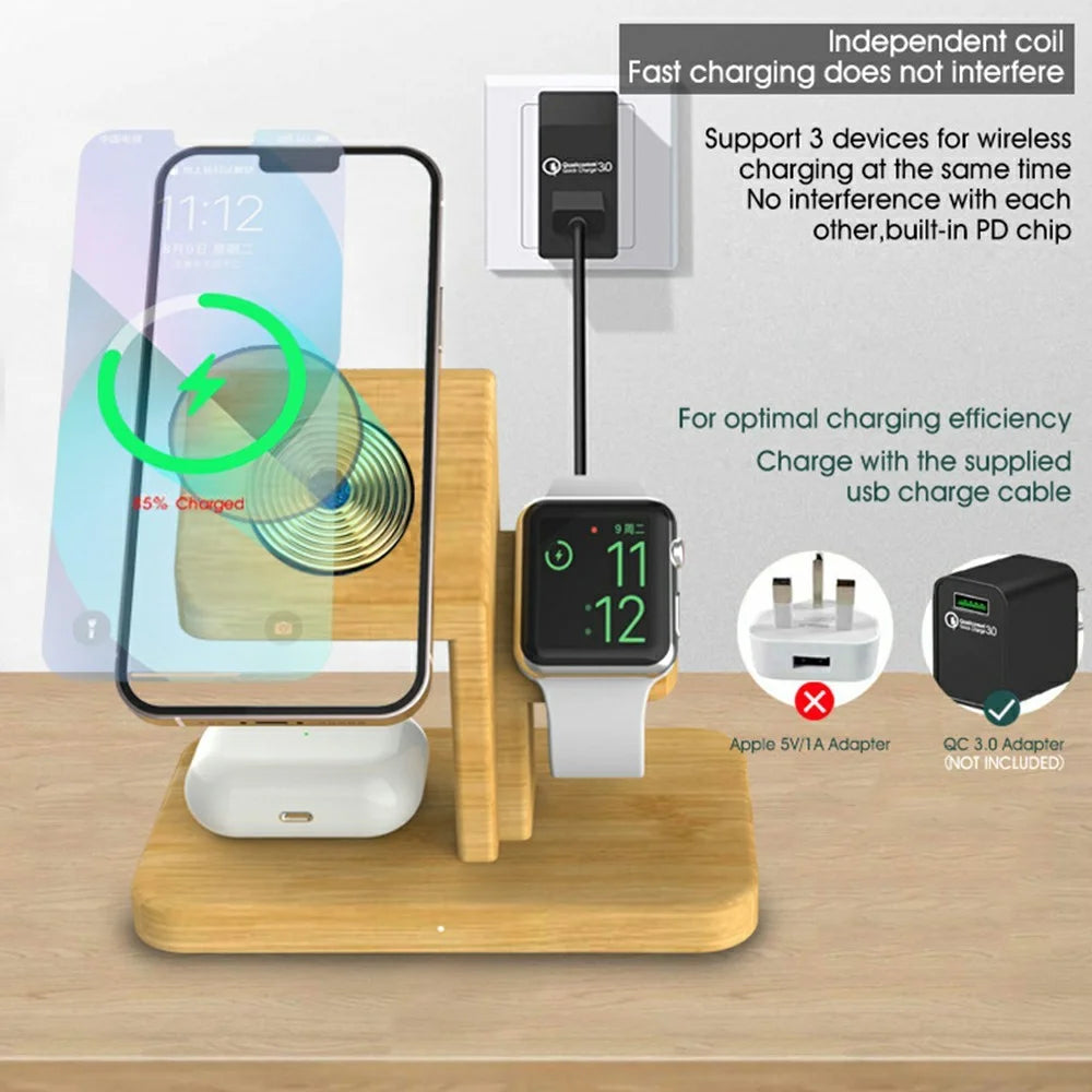 RX-2201 3 in 1 Magnetic Wireless Charger for Apple Watch  /  iPhone  /  AirPods Bamboo Charging Station - 3