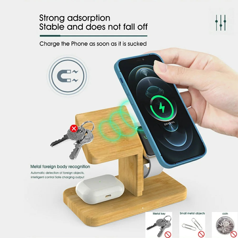 RX-2201 3 in 1 Magnetic Wireless Charger for Apple Watch  /  iPhone  /  AirPods Bamboo Charging Station - 4