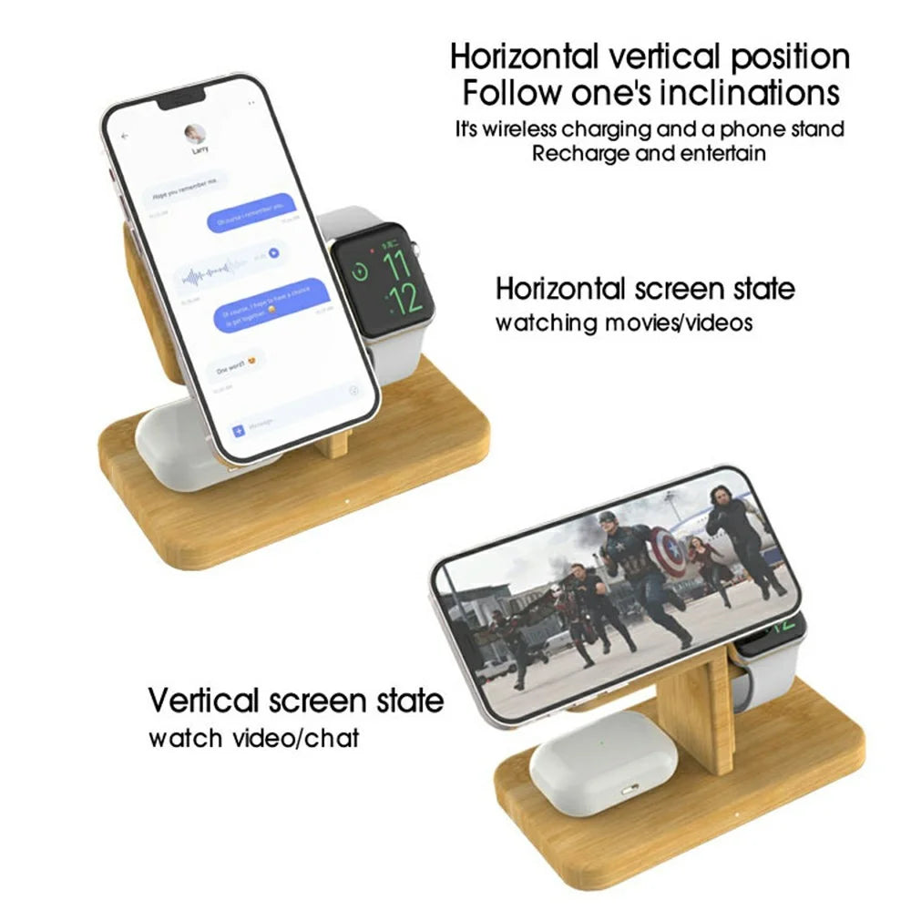 RX-2201 3 in 1 Magnetic Wireless Charger for Apple Watch  /  iPhone  /  AirPods Bamboo Charging Station - 5