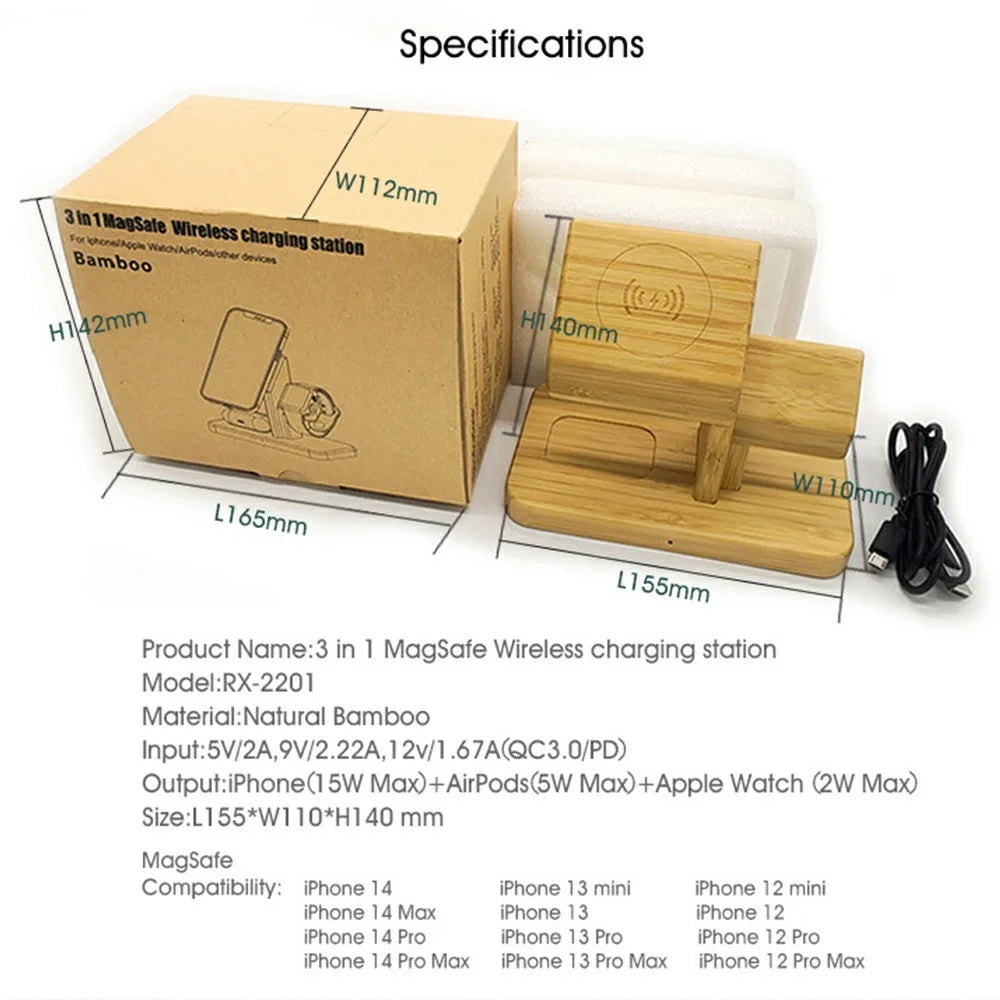 RX-2201 3 in 1 Magnetic Wireless Charger for Apple Watch  /  iPhone  /  AirPods Bamboo Charging Station - 6