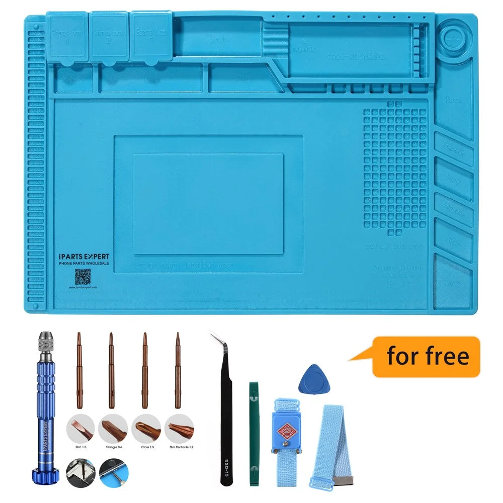 IPARTSEXPERT Silicone Maintenance Pad + Screwdriver Repair Tool Set with Straps, Tweezer & Scraper - 1
