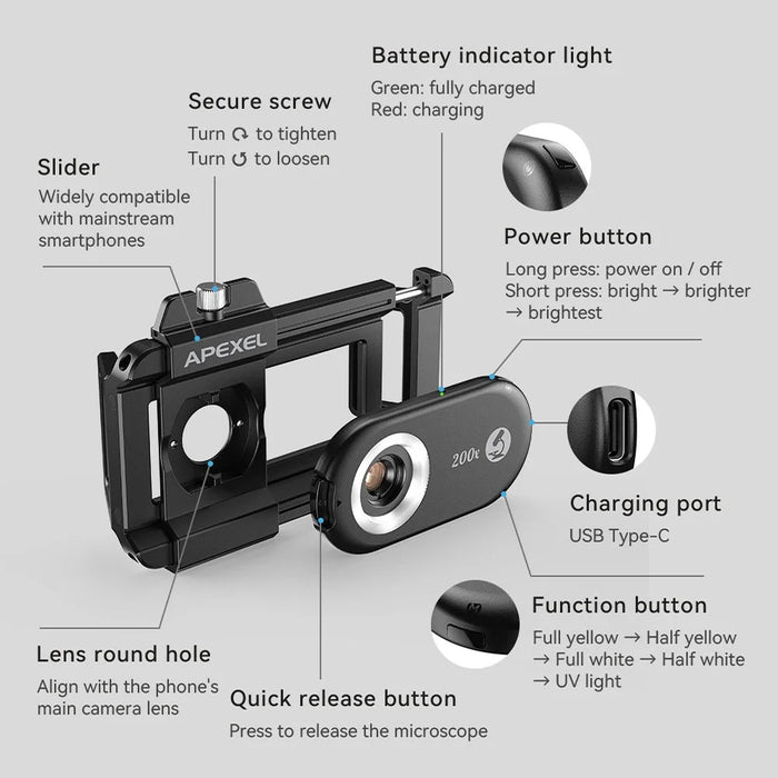 APEXEL APL-MS200 Mobile Phone Holder Clip 200x Magnification Microscope with CPL Filter - 3