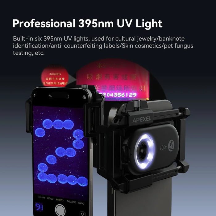 APEXEL APL-MS200 Mobile Phone Holder Clip 200x Magnification Microscope with CPL Filter - 7