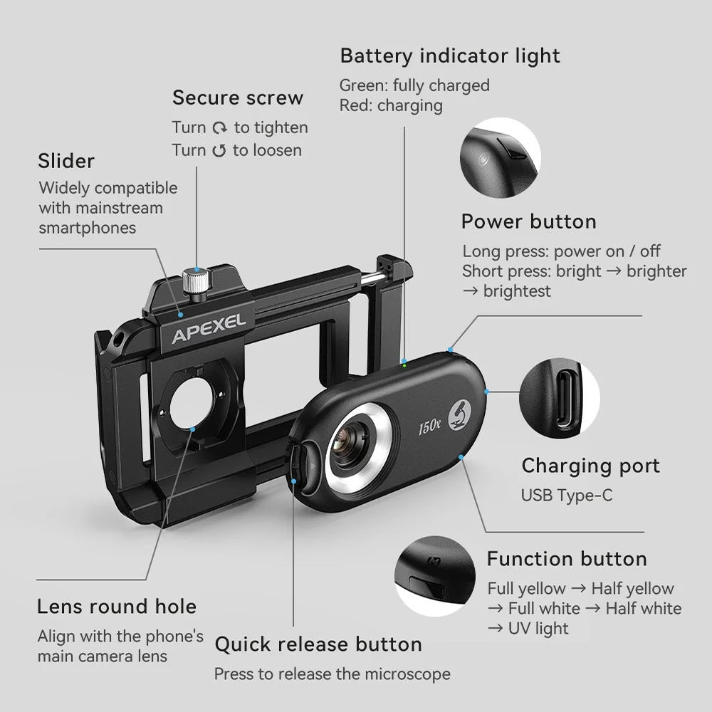APEXEL APL-MS150 Mobile Phone Holder Clip 150x Magnification Microscope with CPL Filter - 3