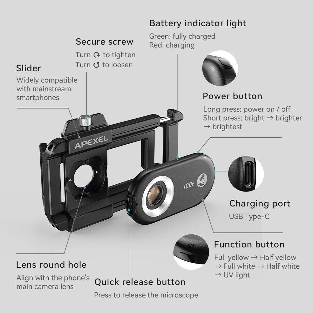 APEXEL APL-MS100 Mobile Phone Holder Clip 100x Magnification Microscope with CPL Filter - 3