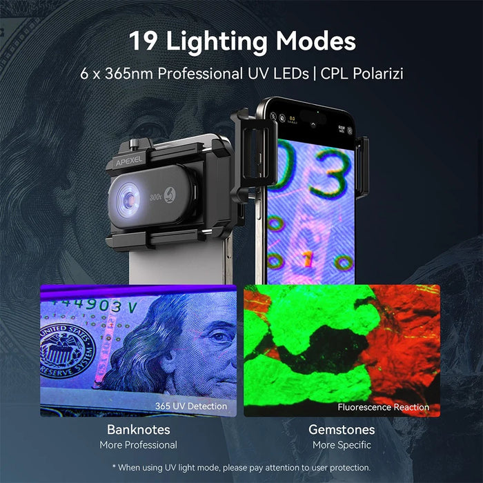 APEXEL APL-MS300 300X Microscope Phone Lens Attachments Clip-On Magnifier with Tri-Color LED Lighting - 7