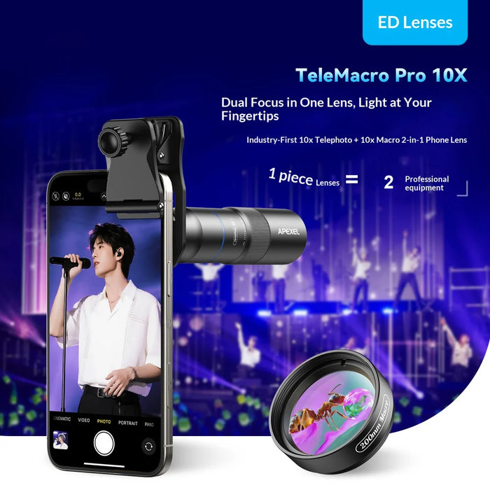 APEXEL APL-TM10 2 in 1 10X Telephoto + 10X Macro Lens Clip-on Phone Camera Lens Kit - Black - 2