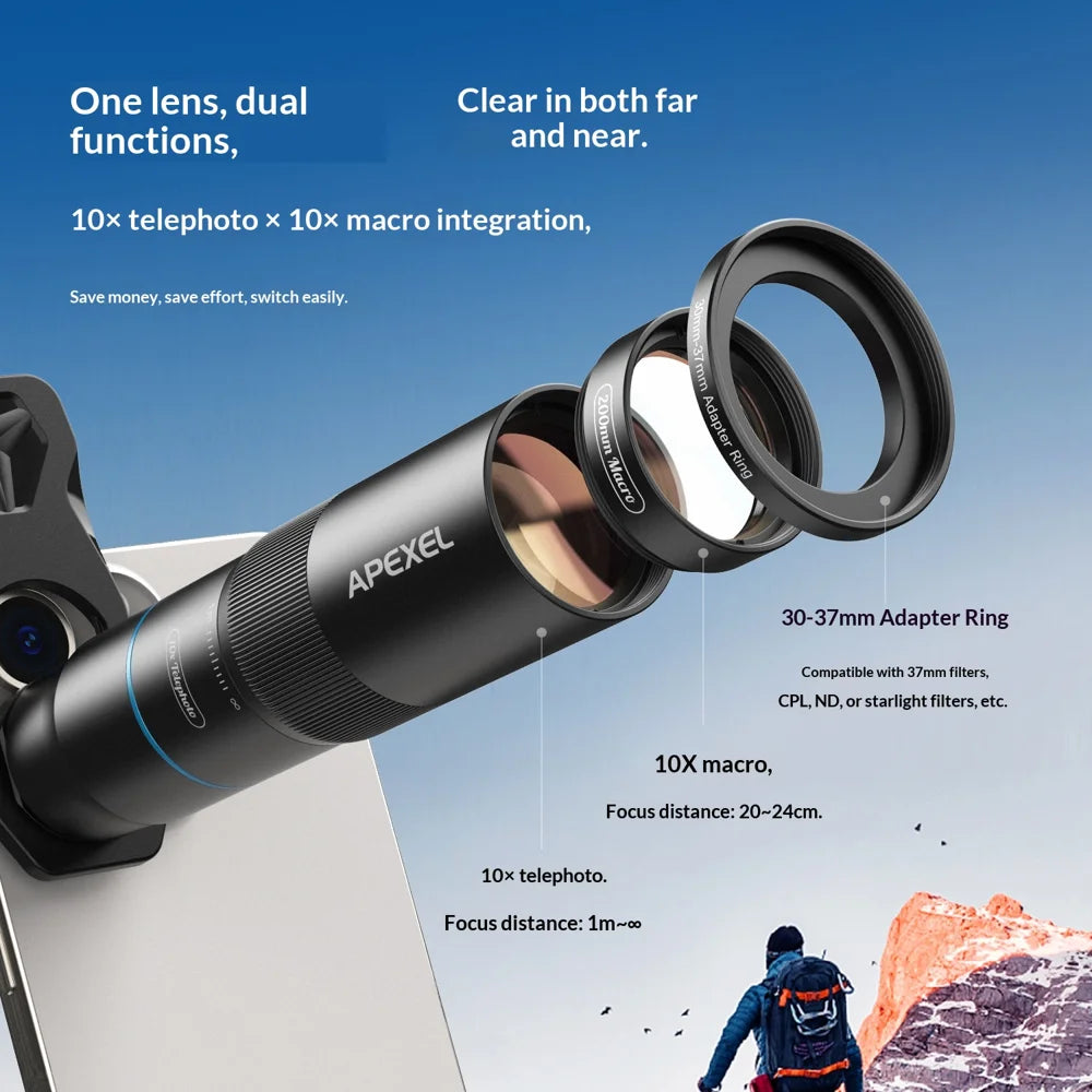 APEXEL APL-TM10 2 in 1 10X Telephoto + 10X Macro Lens Clip-on Phone Camera Lens Kit - Black - 3