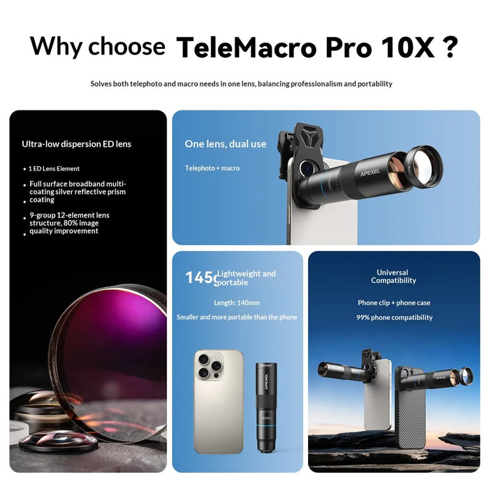 APEXEL APL-TM10 2 in 1 10X Telephoto + 10X Macro Lens Clip-on Phone Camera Lens Kit - Black - 4