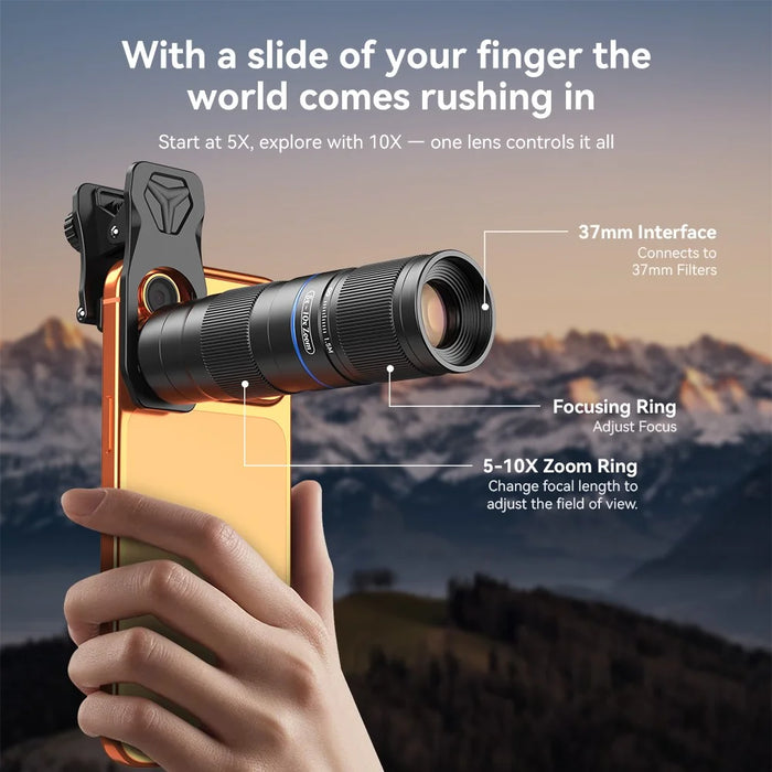 APEXEL APL-TM5-10X Phone Camera Lens Kit 5-10X Optical Zoom Telephoto Lens Caps Clamp Set for Concert Photography Wildlife Observation - Black - 3