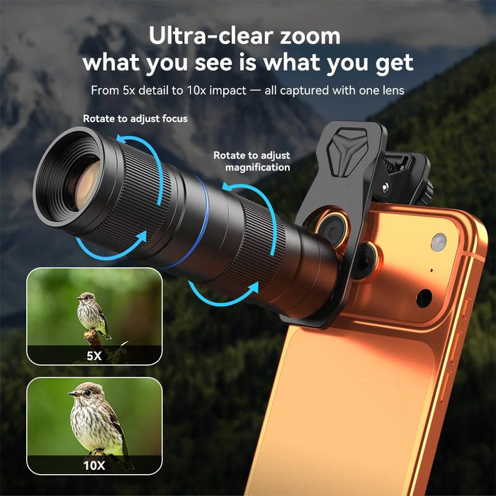 APEXEL APL-TM5-10X Phone Camera Lens Kit 5-10X Optical Zoom Telephoto Lens Caps Clamp Set for Concert Photography Wildlife Observation - Black - 7