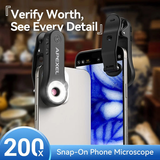 APEXEL MSL200X 200X Smartphone Microscope Clip-On Magnifier LED UV Light External Camera Phone Lens for Education Science - Black - 2