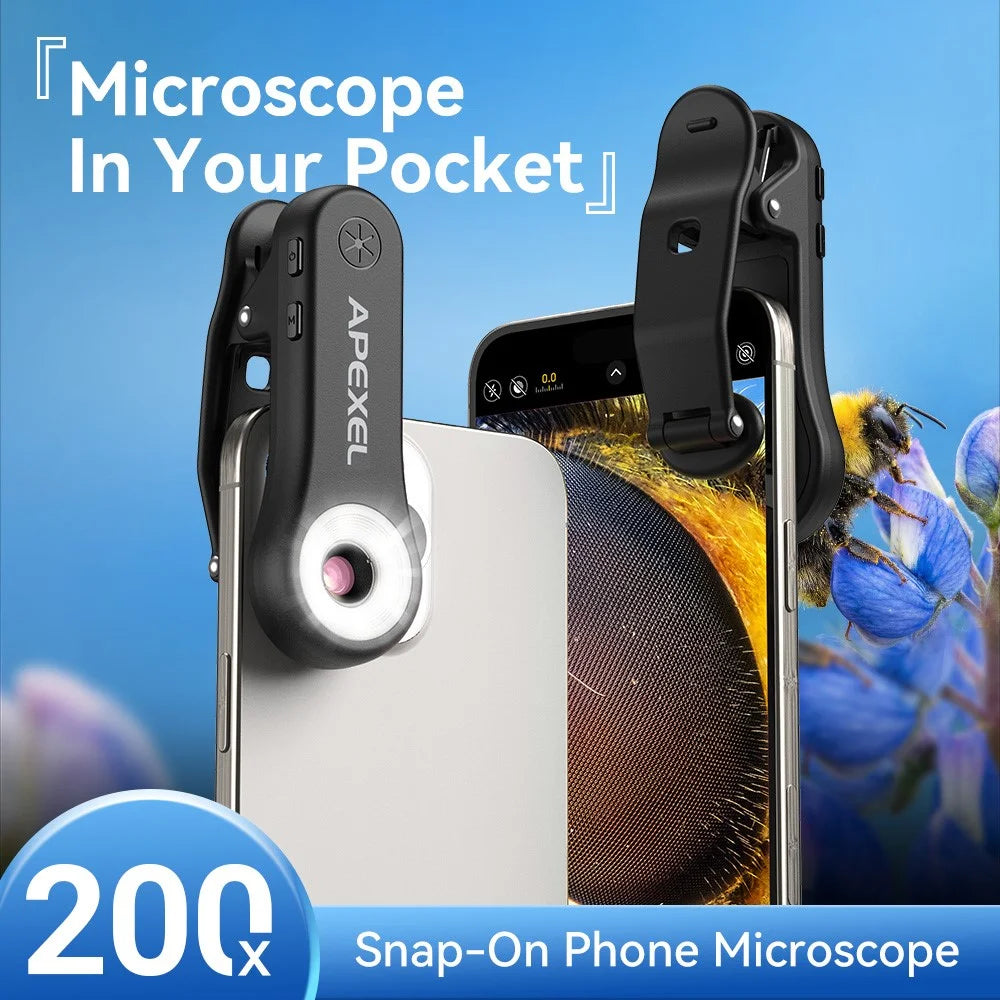 APEXEL MSL200X 200X Smartphone Microscope Clip-On Magnifier LED UV Light External Camera Phone Lens for Education Science - Black - 3