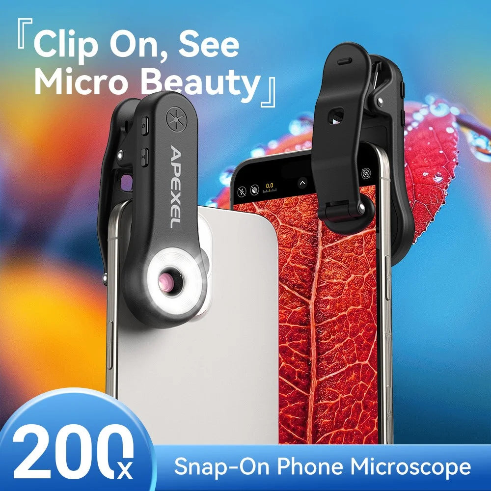 APEXEL MSL200X 200X Smartphone Microscope Clip-On Magnifier LED UV Light External Camera Phone Lens for Education Science - Black - 4
