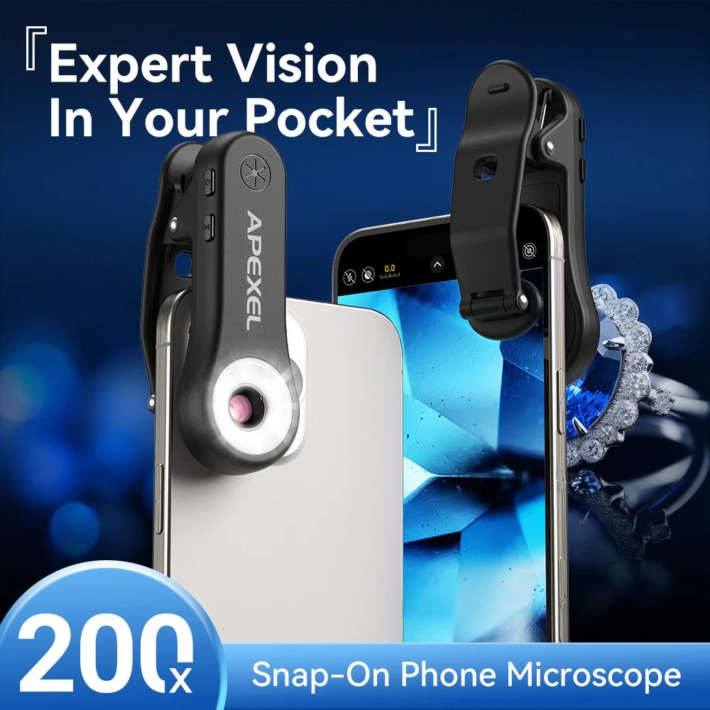 APEXEL MSL200X 200X Smartphone Microscope Clip-On Magnifier LED UV Light External Camera Phone Lens for Education Science - Black - 5