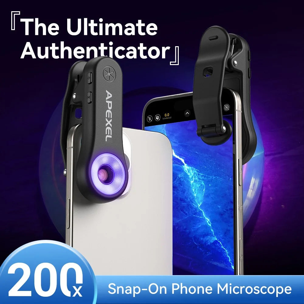 APEXEL MSL200X 200X Smartphone Microscope Clip-On Magnifier LED UV Light External Camera Phone Lens for Education Science - Black - 6