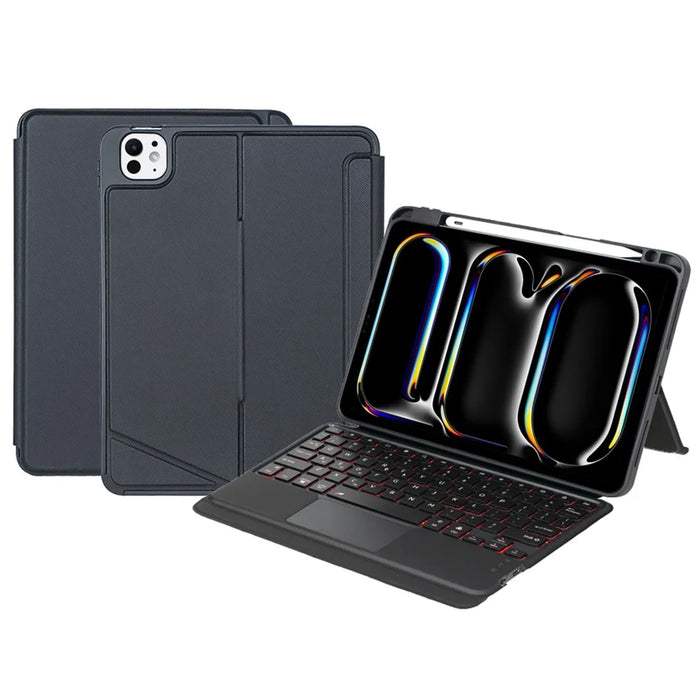 T13B-AS For iPad Pro 11 (2024) Pen Slot Design Rotation Shaft Stand Leather Tablet Cover + Backlit Touchpad Bluetooth-compatible Keyboard - 1