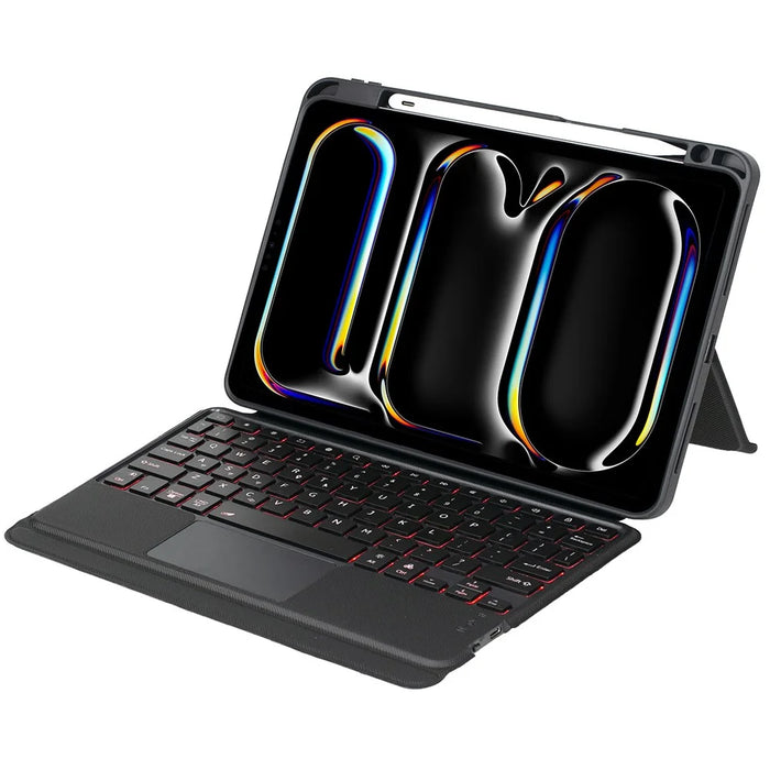 T13B-AS For iPad Pro 11 (2024) Pen Slot Design Rotation Shaft Stand Leather Tablet Cover + Backlit Touchpad Bluetooth-compatible Keyboard - 2