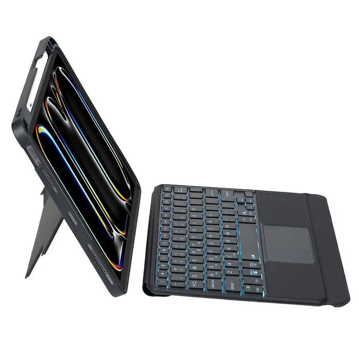 T13B-AS For iPad Pro 11 (2024) Pen Slot Design Rotation Shaft Stand Leather Tablet Cover + Backlit Touchpad Bluetooth-compatible Keyboard - 3