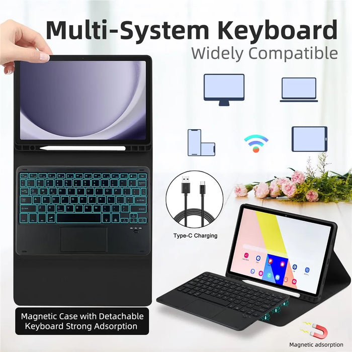 SK-205D For Samsung Galaxy Tab A8 10.5 (2022) Magnetic Detachable Bluetooth-compatible Keyboard Leather Case with RGB Backlit - Black+Black - 3
