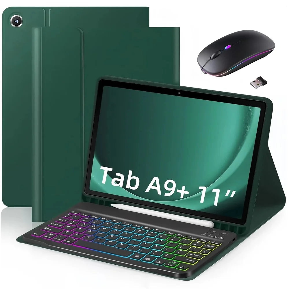 RGB-X210D For Samsung Galaxy Tab A9+ SM-X210 / X216 / X218 RGB Backlit Bluetooth-compatible Keyboard Leather Tablet Case + Wireless Mouse - Midnight Green - 1