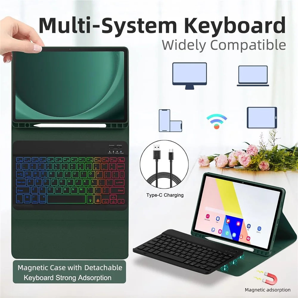 RGB-X210D For Samsung Galaxy Tab A9+ SM-X210 / X216 / X218 RGB Backlit Bluetooth-compatible Keyboard Leather Tablet Case + Wireless Mouse - Midnight Green - 4