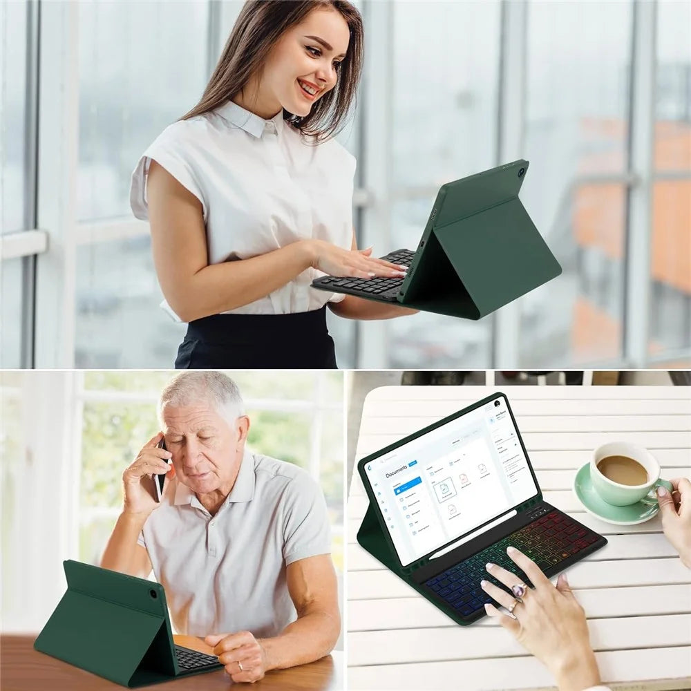 RGB-X210D For Samsung Galaxy Tab A9+ SM-X210 / X216 / X218 RGB Backlit Bluetooth-compatible Keyboard Leather Tablet Case + Wireless Mouse - Midnight Green - 5