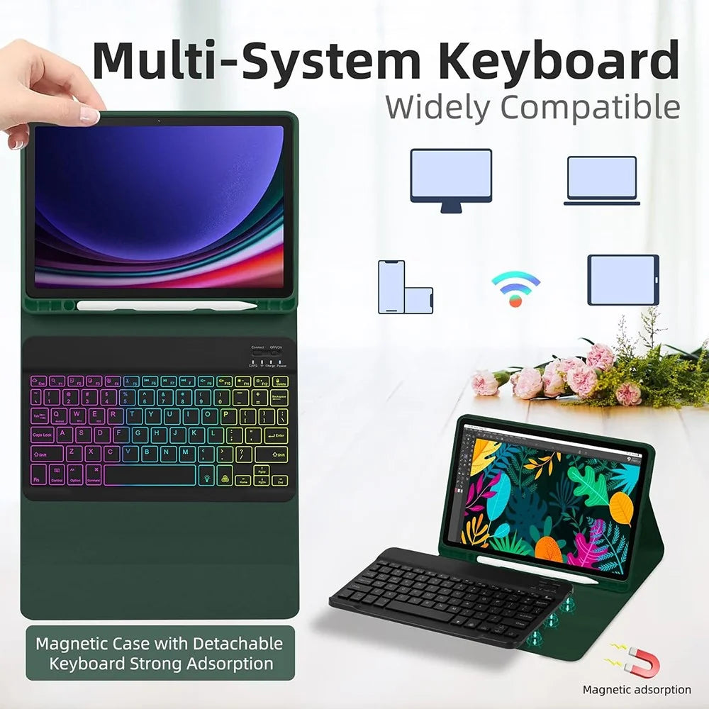 RGB-X710D Bluetooth-Compatible Keyboard Mouse Set for Samsung Galaxy Tab S10 FE / S9 FE / S9 / S8 / S7 RGB Backlit Keyboard + Mouse - Midnight Green - 5