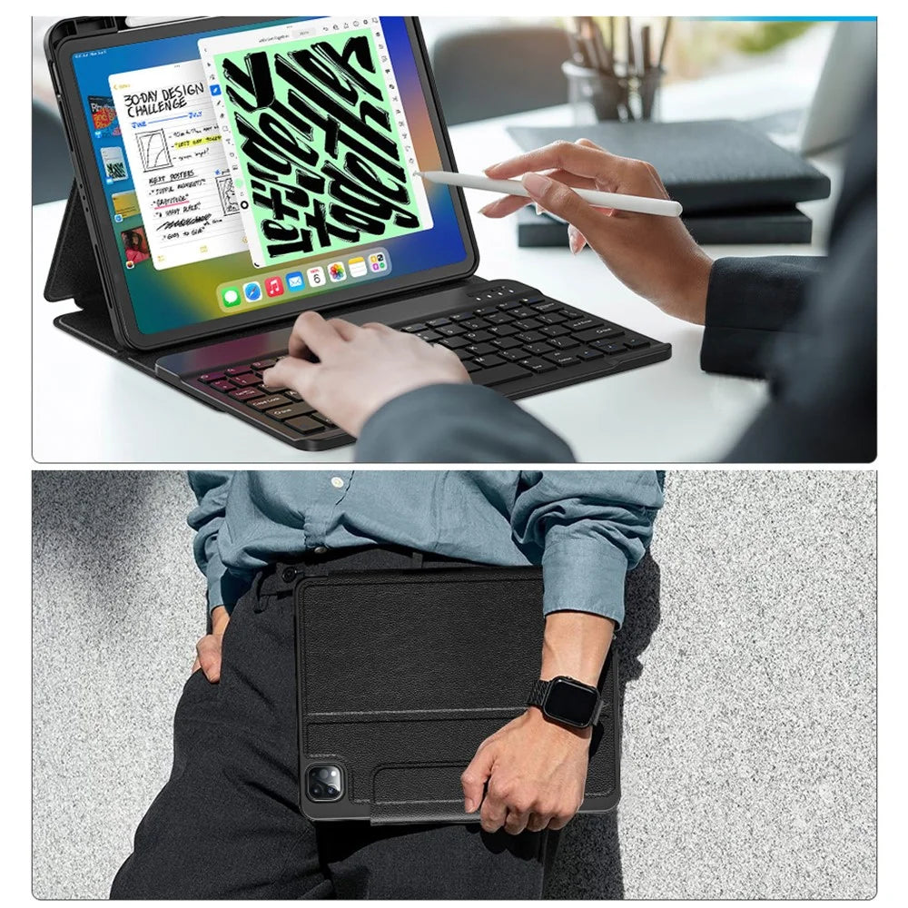 WIWU For iPad 10.2 (2021) Skin-Touch Leather Tablet Stand Case + Bluetooth-compatible Keyboard - Blue - 5