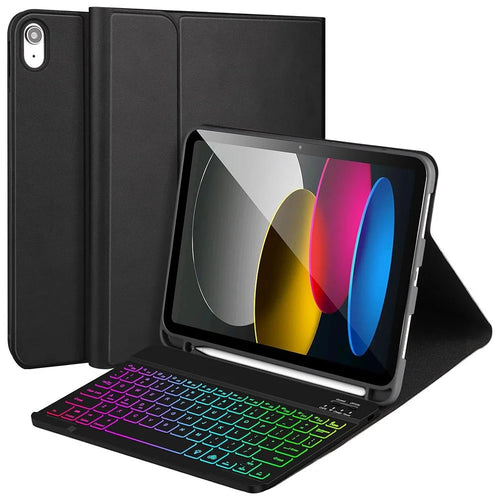 RGB-1099D For iPad (2025) / 10.9 (2022) Leather Tablet Stand Cover + Three-Color Backlit Bluetooth-Compatible Keyboard - Black - 1