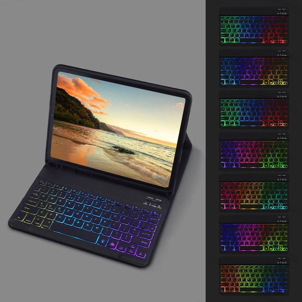 RGB-1099D For iPad (2025) / 10.9 (2022) Leather Tablet Stand Cover + Three-Color Backlit Bluetooth-Compatible Keyboard - Black - 2
