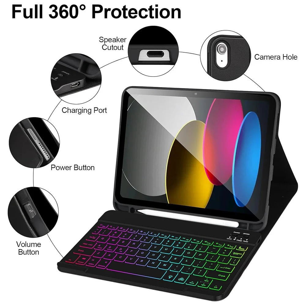 RGB-1099D For iPad (2025) / 10.9 (2022) Leather Tablet Stand Cover + Three-Color Backlit Bluetooth-Compatible Keyboard - Black - 4