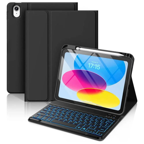 CS-1099 For iPad (2025) / 10.9 (2022) Colorful Backlit Bluetooth-Compatible Keyboard Protective Cover - Black - 1