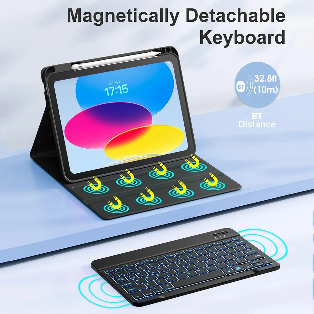 CS-1099 For iPad (2025) / 10.9 (2022) Colorful Backlit Bluetooth-Compatible Keyboard Protective Cover - Black - 3