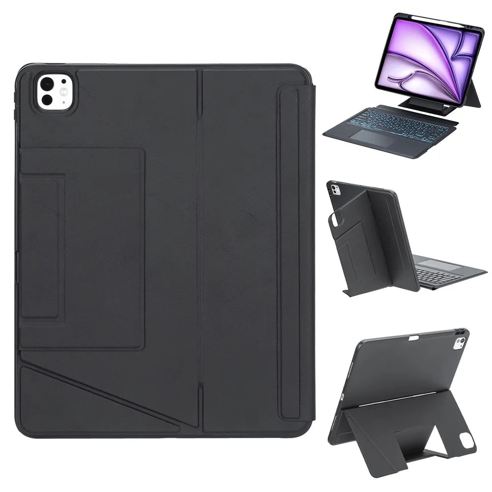 HY-12B Leather Case For iPad Air 13 (2026) / (2025) / (2024) / Pro 12.9 (2022) / (2021) / (2020) / (2018) Detachable Keyboard with Floating Stand - Black - 1