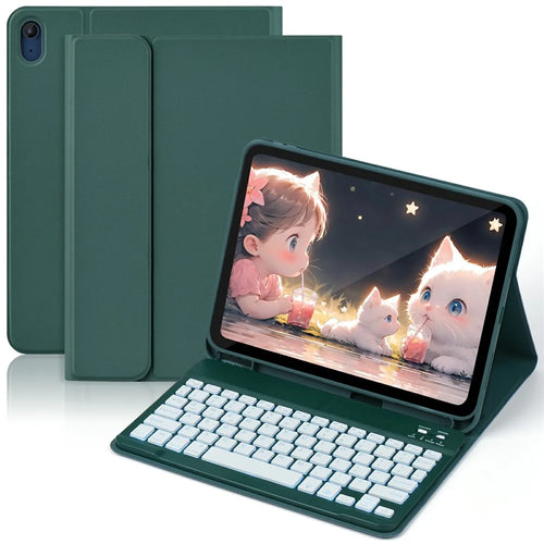 SK-1099D For iPad (2025)  /  10.9 (2022) Tablet Case Leather Cover with BT Keyboard - Midnight Green - 1