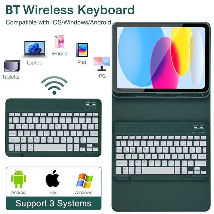 SK-1099D For iPad (2025)  /  10.9 (2022) Tablet Case Leather Cover with BT Keyboard - Midnight Green - 2