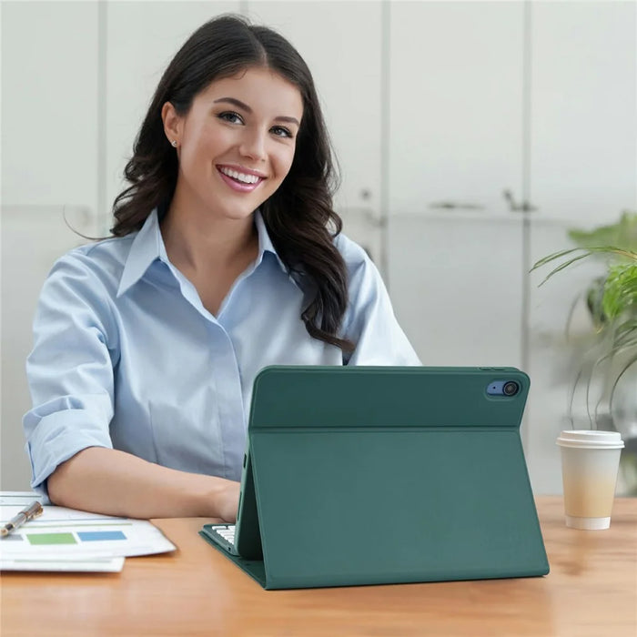 SK-1099D For iPad (2025)  /  10.9 (2022) Tablet Case Leather Cover with BT Keyboard - Midnight Green - 4