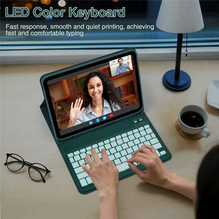SK-1099D For iPad (2025)  /  10.9 (2022) Tablet Case Leather Cover with BT Keyboard - Midnight Green - 5
