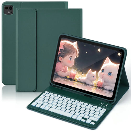 SK-1109A For iPad Pro 11 (2024) Tablet Case Leather Cover with BT Keyboard - Midnight Green - 1
