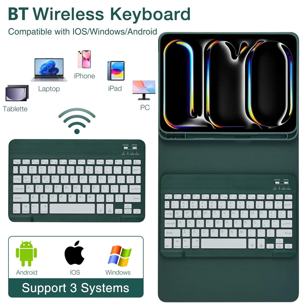 SK-1109A For iPad Pro 11 (2024) Tablet Case Leather Cover with BT Keyboard - Midnight Green - 2