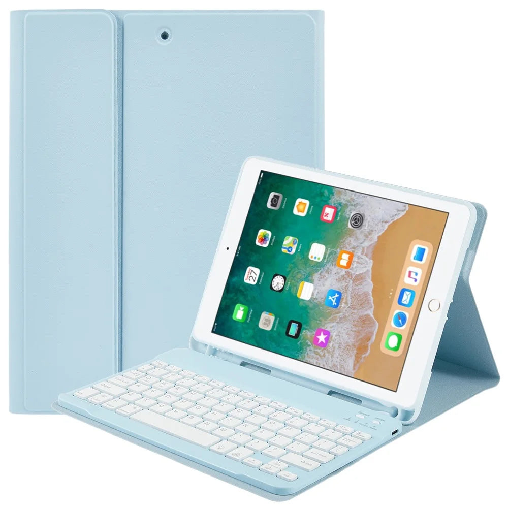 SK-9709D Leather Case For iPad 9.7-inch (2018) / (2017) / Air (2013) / Air 2 , Colorful Backlit Bluetooth-Compatible Keyboard - Sky Blue - 1