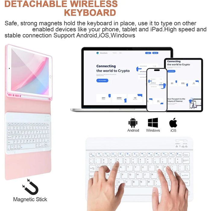 Skin Touch Leather Case for iPad Air 2 / Air (2013) / iPad 9.7-inch (2018) (2017) Bluetooth-Compatible Keyboard Stand Cover - Pink - 3