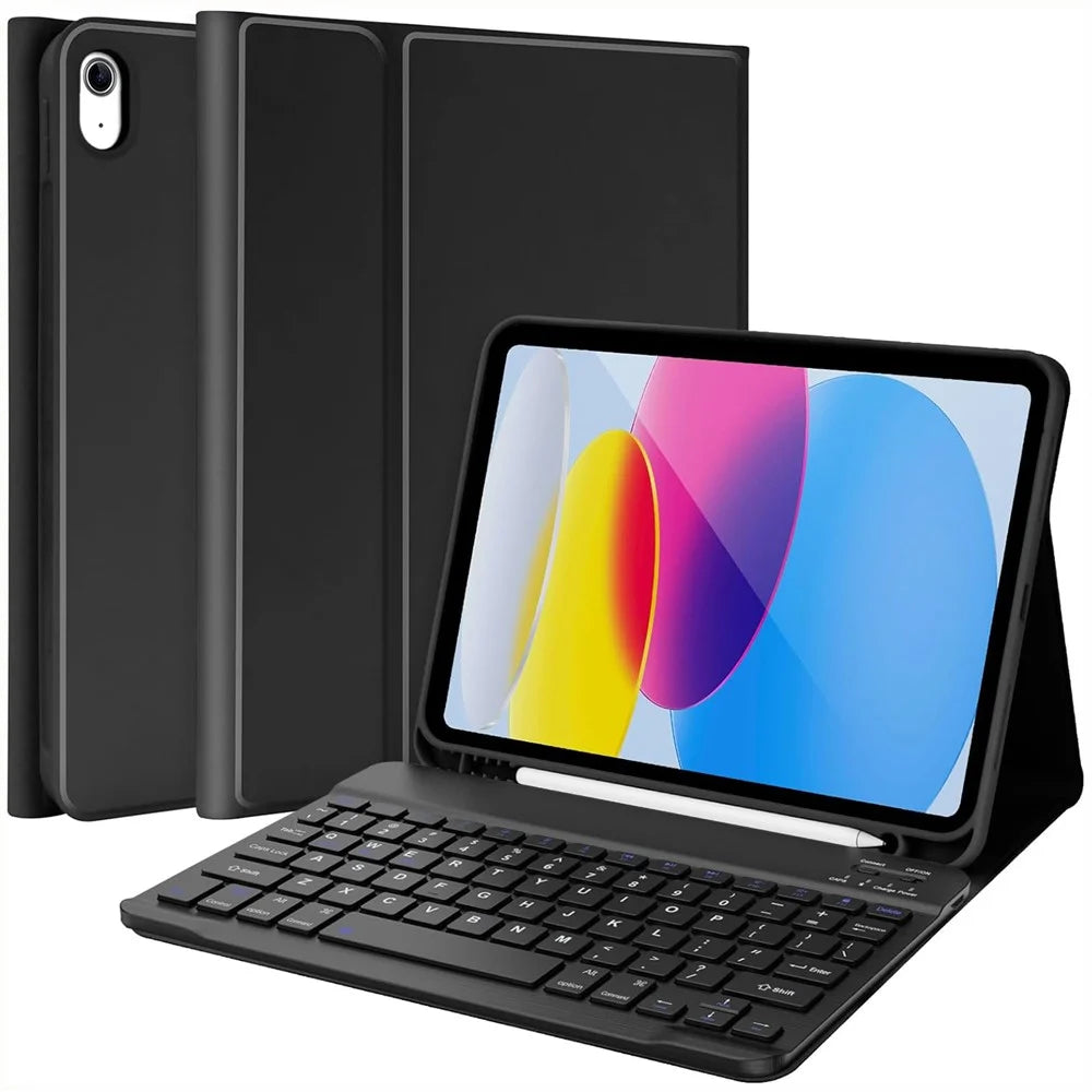 For iPad (2025) / iPad 10.9 (2022) Skin Touch Leather Case Bluetooth-Compatible Keyboard Stand Cover - Black - 1